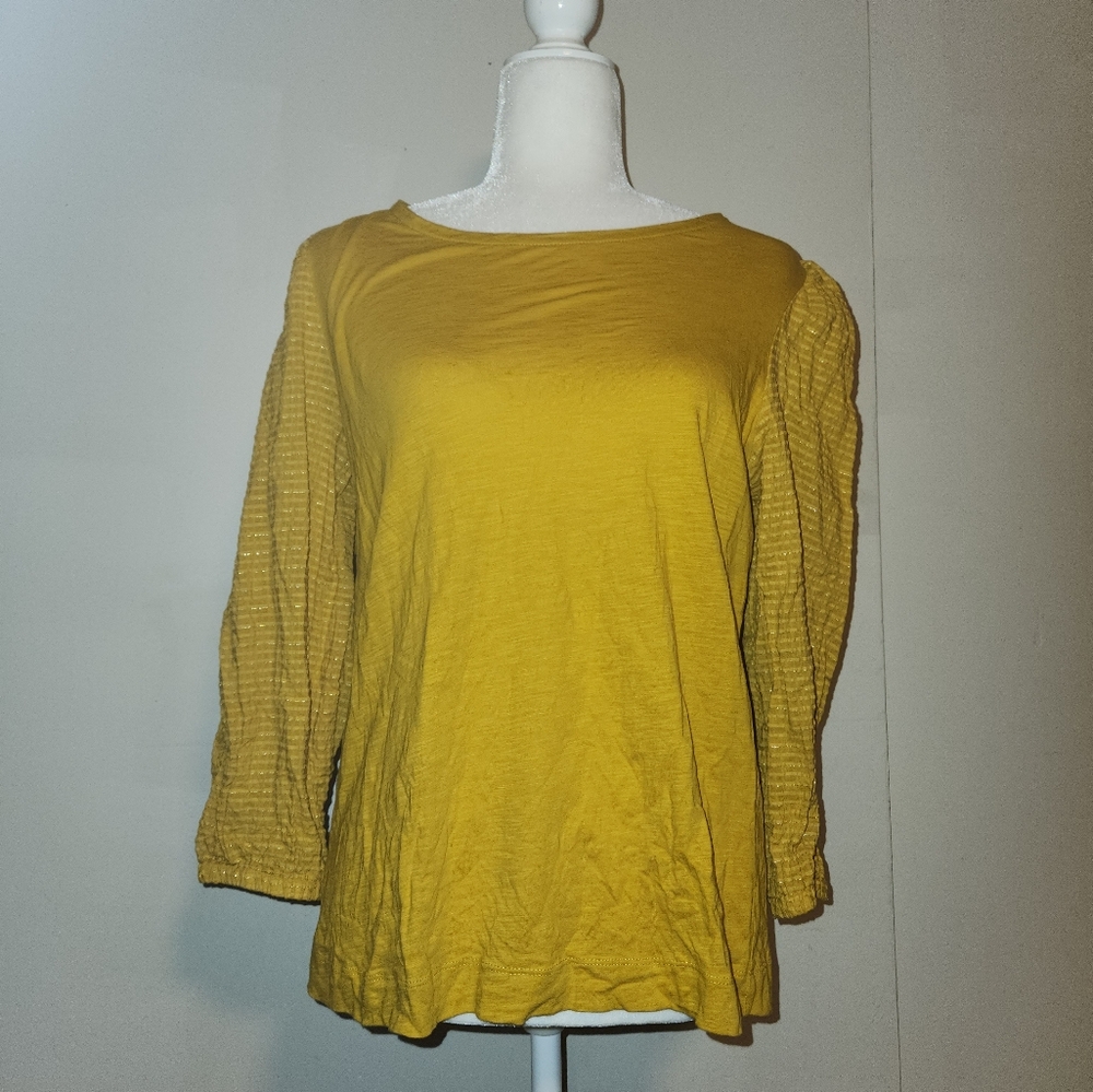 LOFT Gold Yellow Mustard 100% Cotton Quarter Sleeve Tie-back Blouse Large L EUC